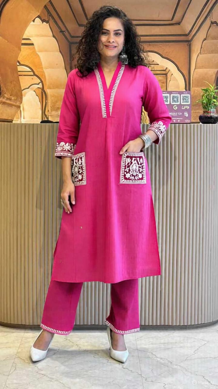 Cotton Slub Kurti & Palazzo Set with Neckline and Pocket Embroidery.