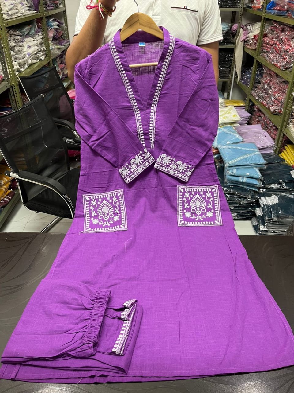 Cotton Slub Kurti & Palazzo Set with Neckline and Pocket Embroidery.