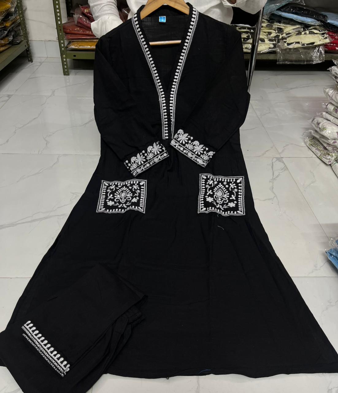Cotton Slub Kurti & Palazzo Set with Neckline and Pocket Embroidery.