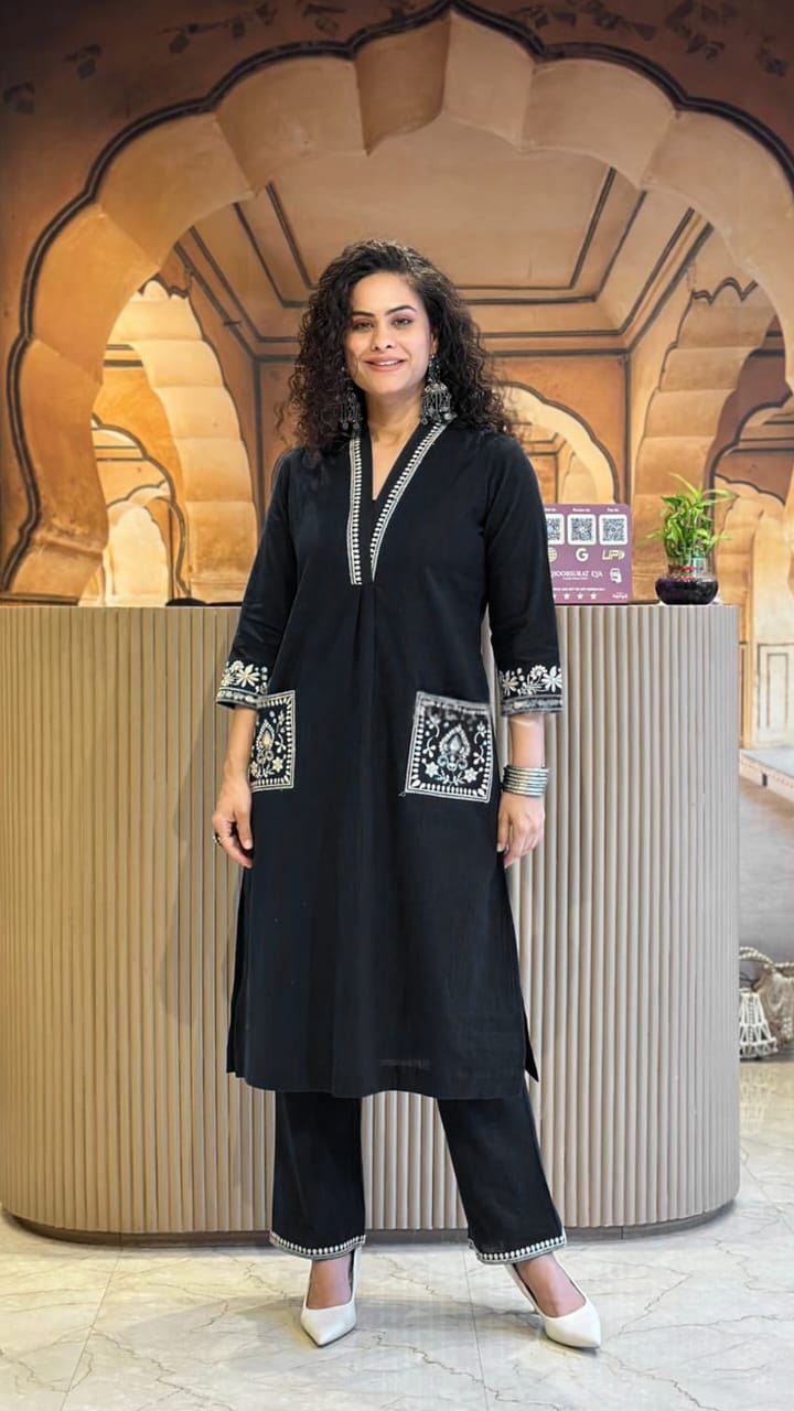 Cotton Slub Kurti & Palazzo Set with Neckline and Pocket Embroidery.