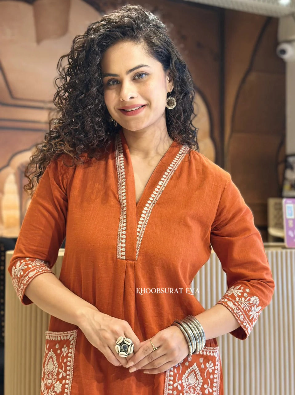 Cotton Slub Kurti & Palazzo Set with Neckline and Pocket Embroidery.