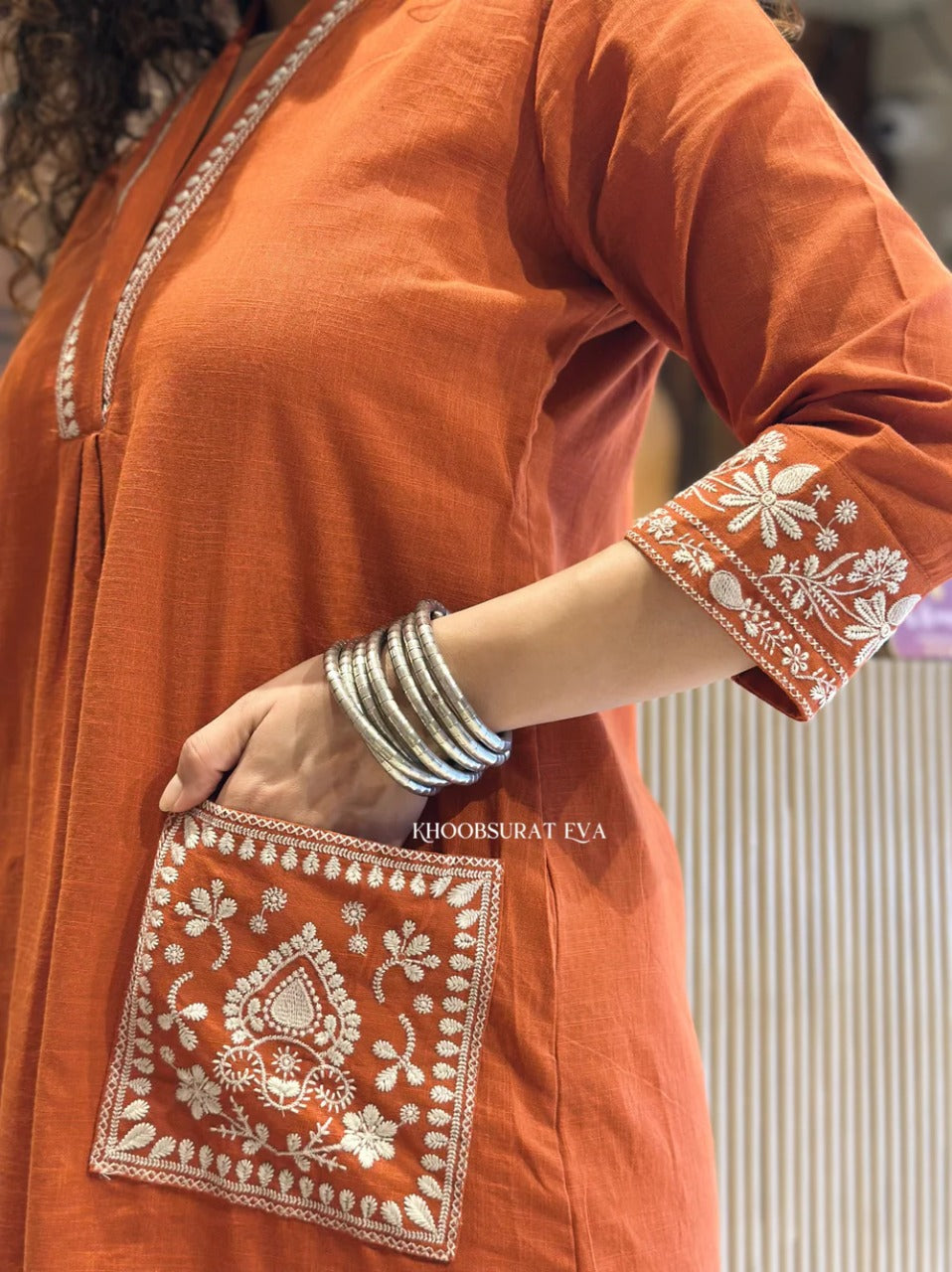 Cotton Slub Kurti & Palazzo Set with Neckline and Pocket Embroidery.