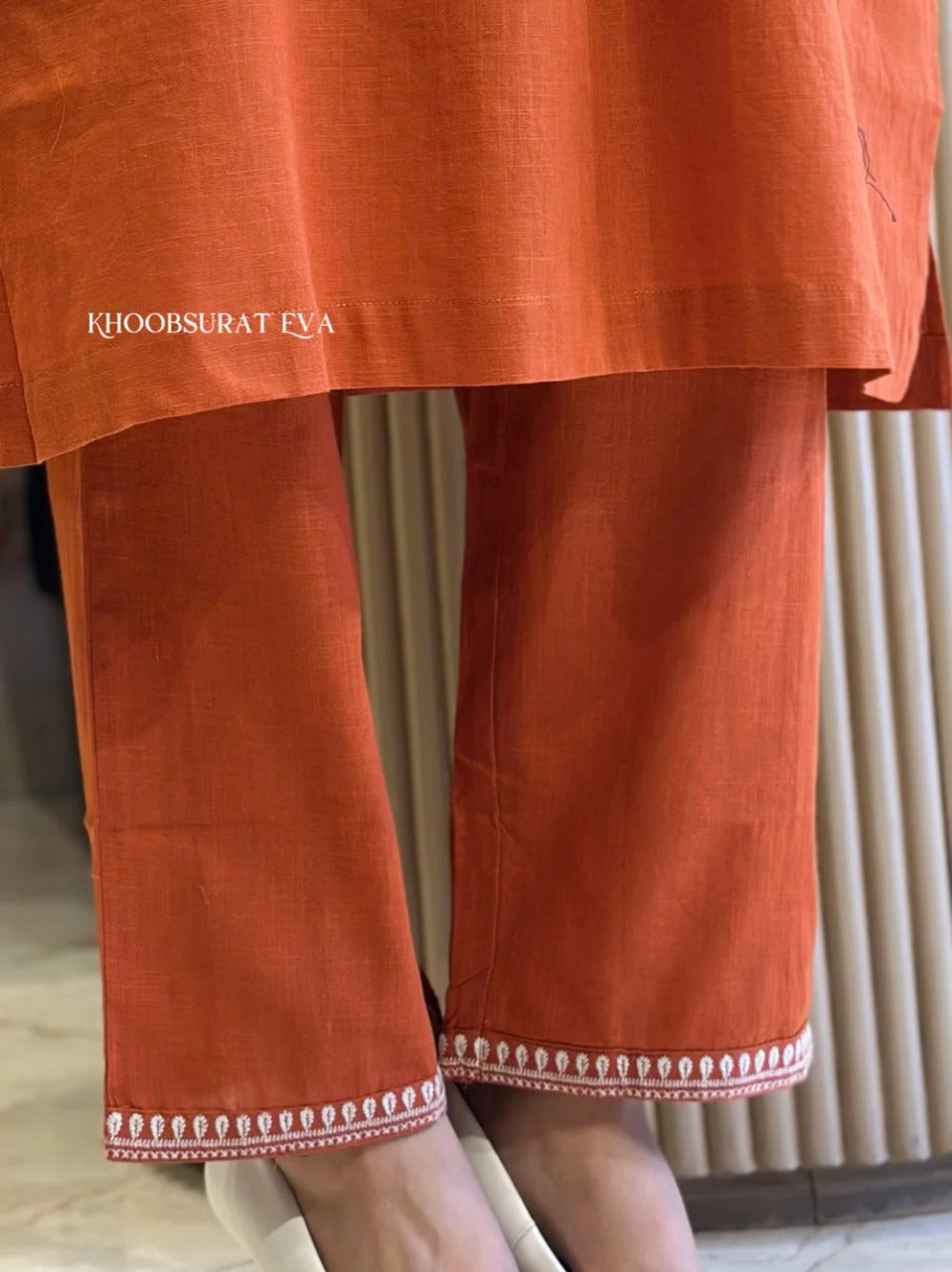 Cotton Slub Kurti & Palazzo Set with Neckline and Pocket Embroidery.