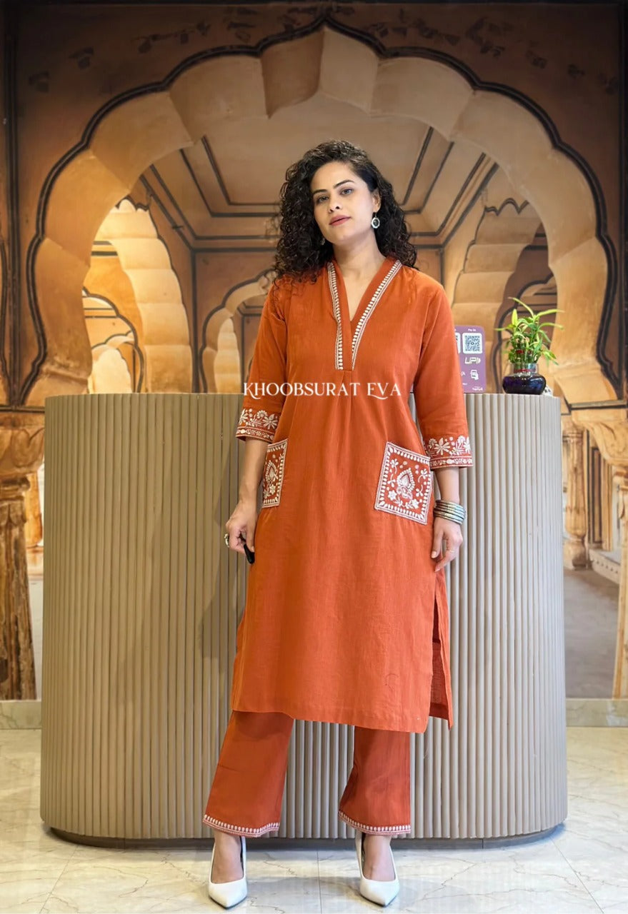 Cotton Slub Kurti & Palazzo Set with Neckline and Pocket Embroidery.