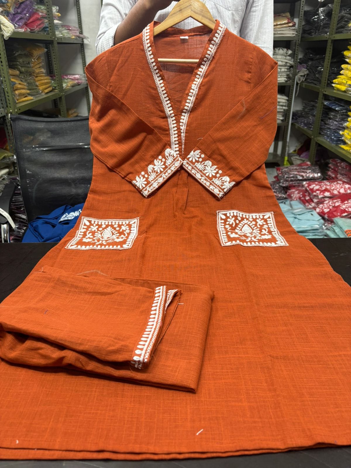 Cotton Slub Kurti & Palazzo Set with Neckline and Pocket Embroidery.