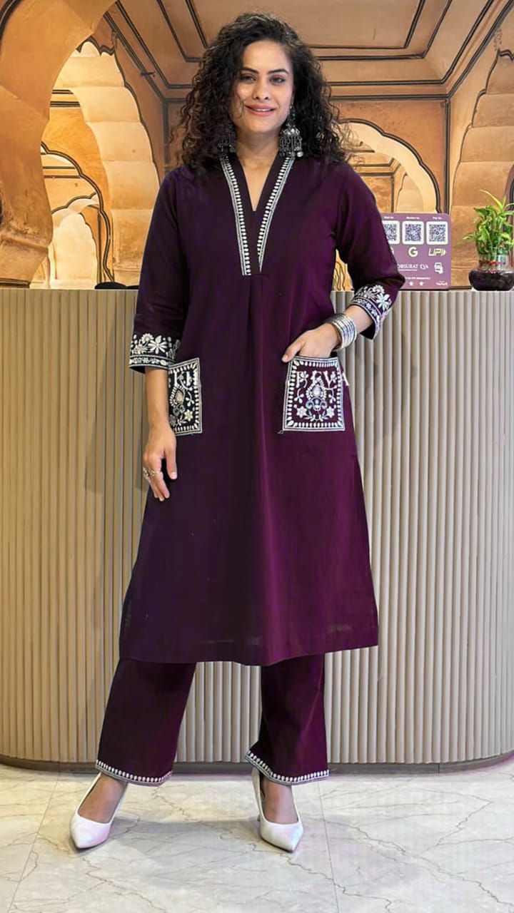 Cotton Slub Kurti & Palazzo Set with Neckline and Pocket Embroidery.