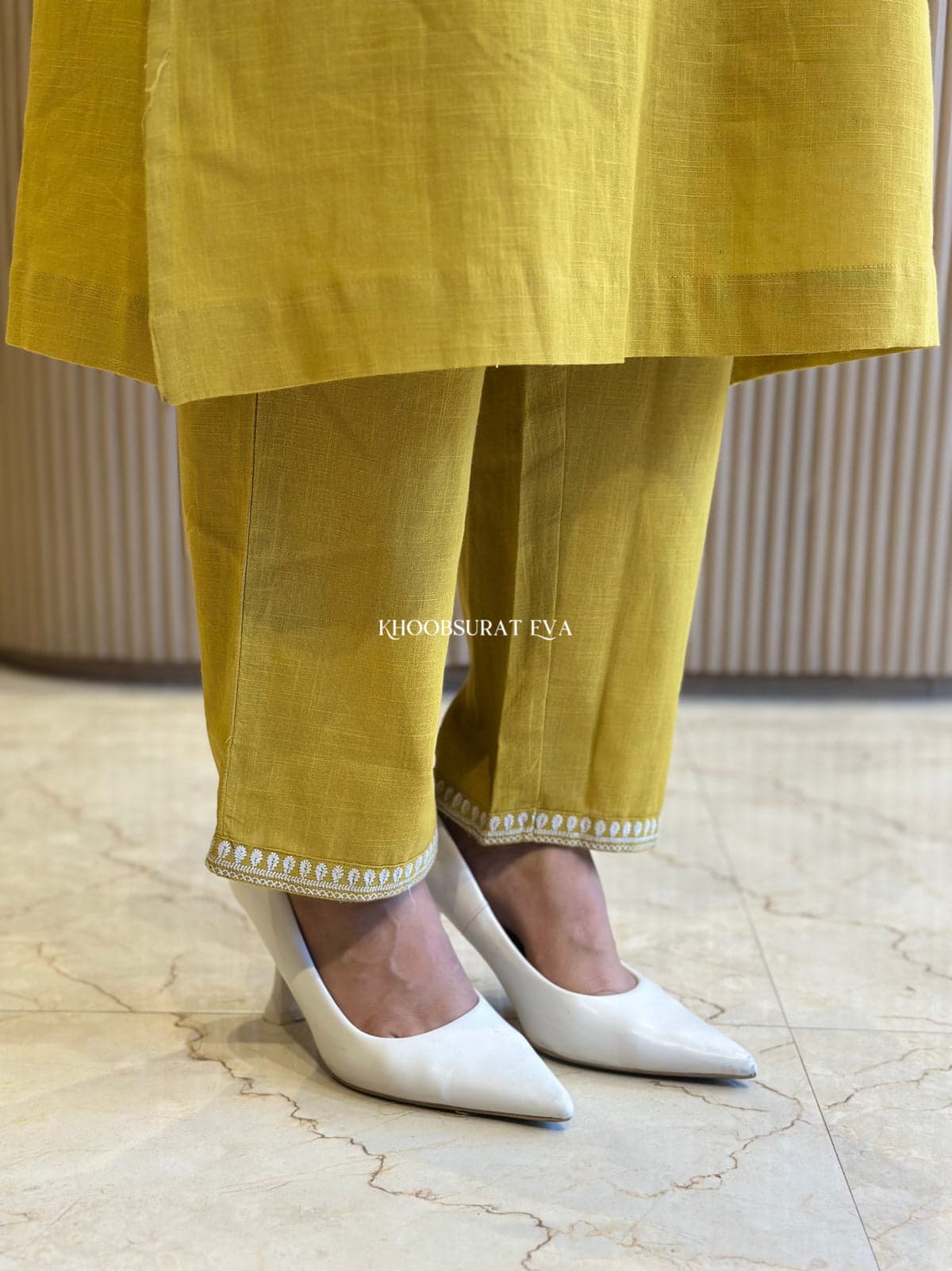 Cotton Slub Kurti & Palazzo Set with Neckline and Pocket Embroidery.
