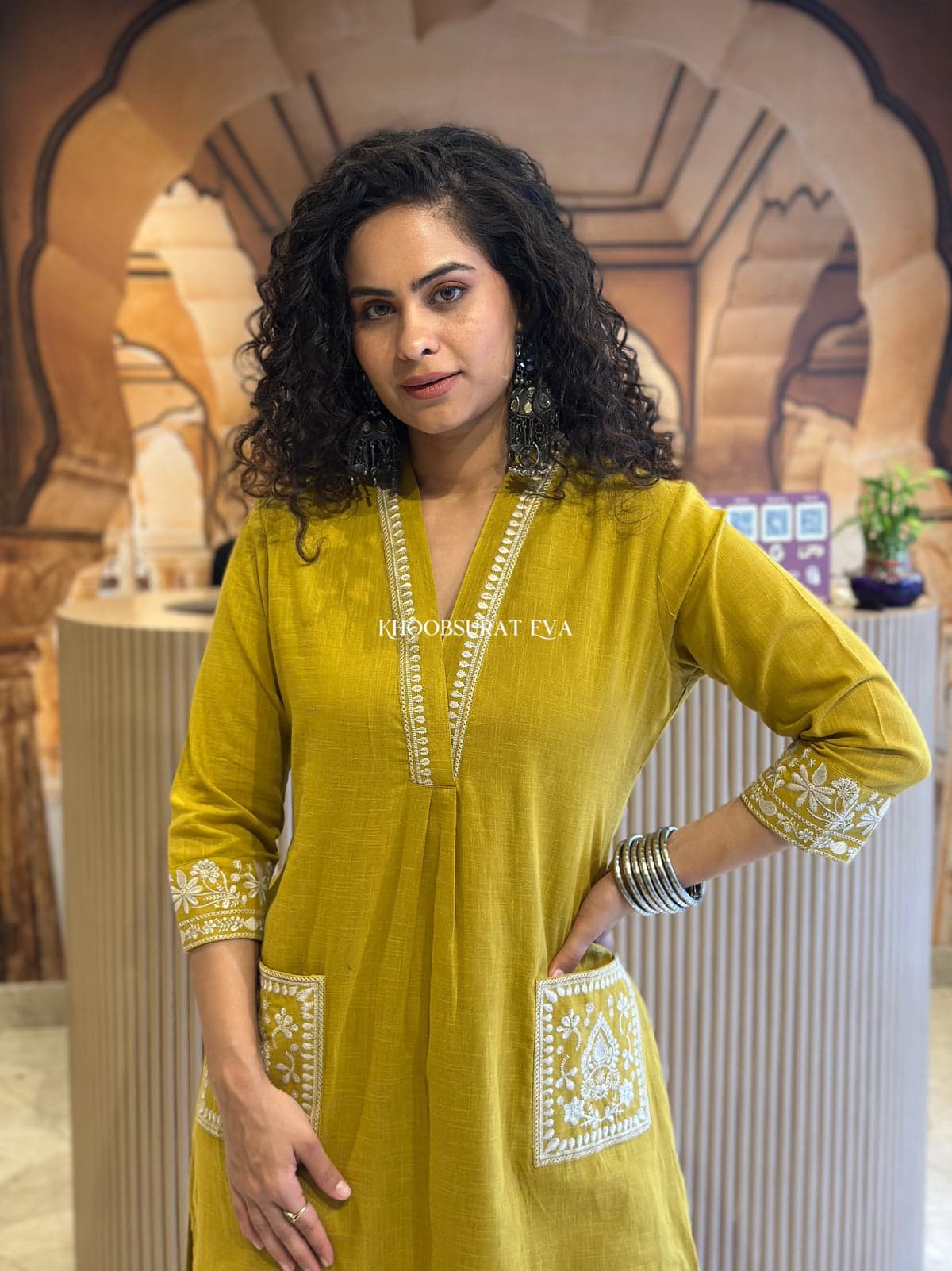 Cotton Slub Kurti & Palazzo Set with Neckline and Pocket Embroidery.