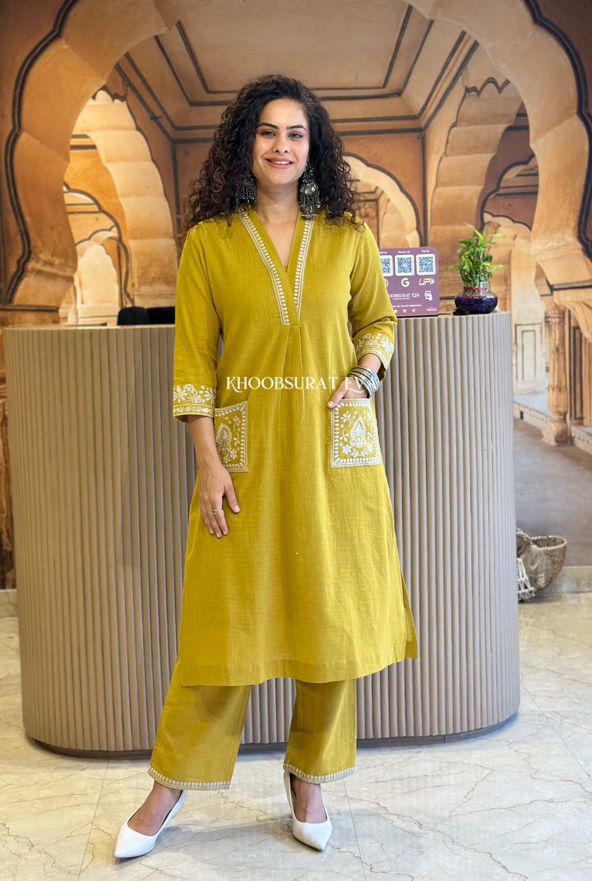 Cotton Slub Kurti & Palazzo Set with Neckline and Pocket Embroidery.