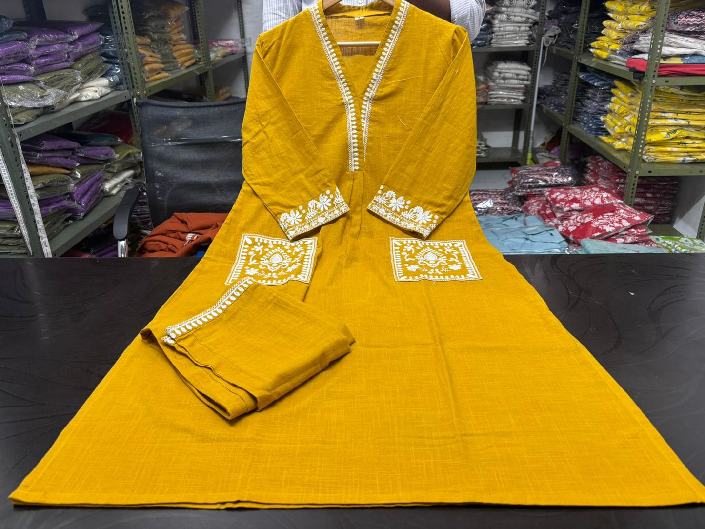 Cotton Slub Kurti & Palazzo Set with Neckline and Pocket Embroidery.