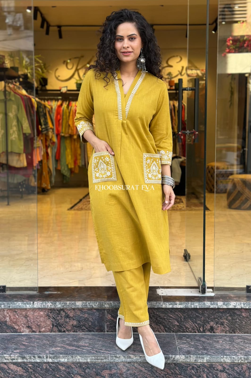 Cotton Slub Kurti & Palazzo Set with Neckline and Pocket Embroidery.