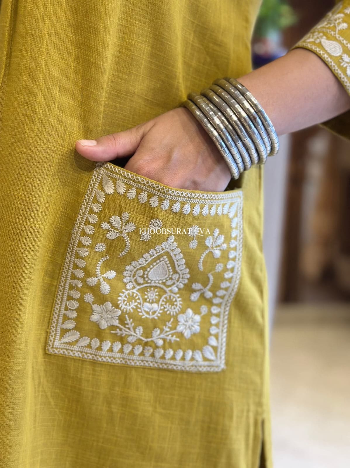 Cotton Slub Kurti & Palazzo Set with Neckline and Pocket Embroidery.