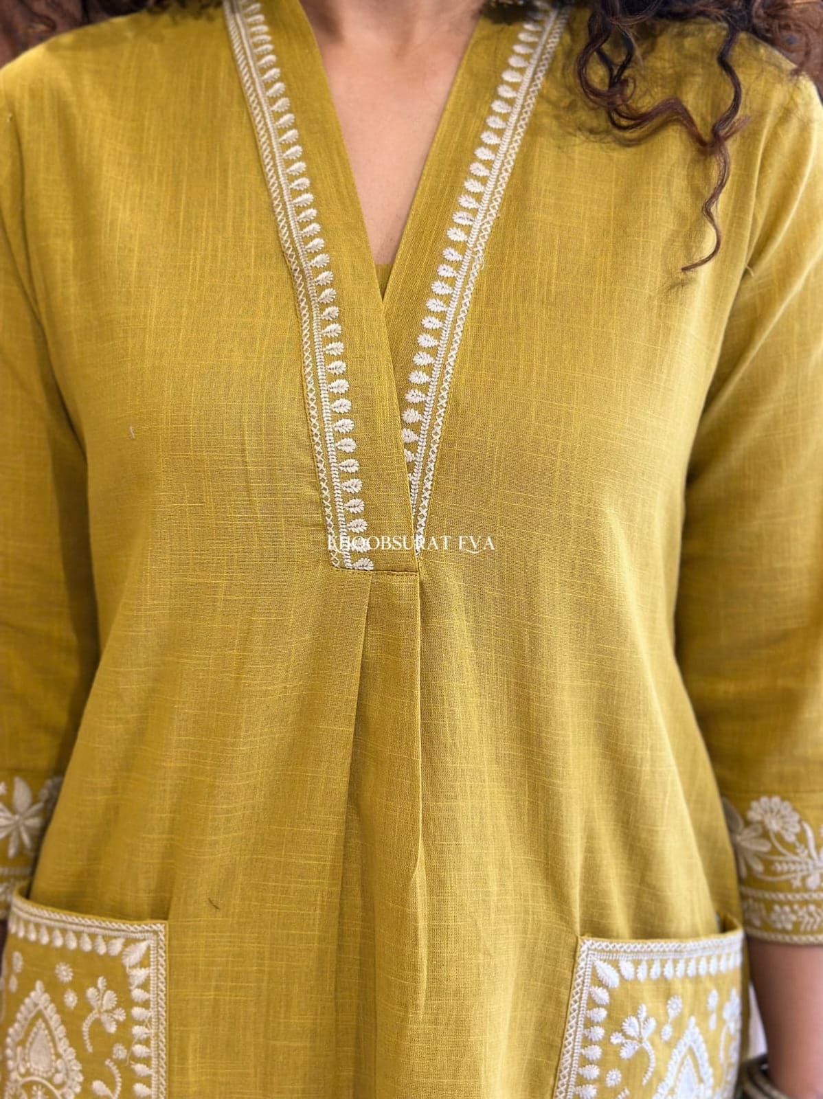 Cotton Slub Kurti & Palazzo Set with Neckline and Pocket Embroidery.