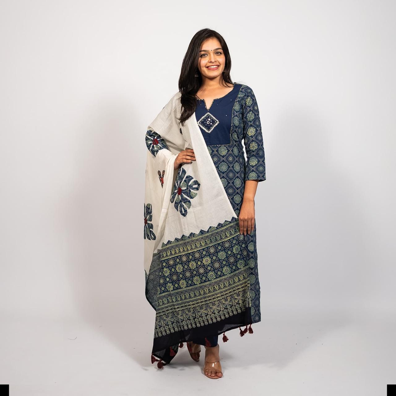Ajrakh Print Cotton Straight Kurti Set with Dupatta.