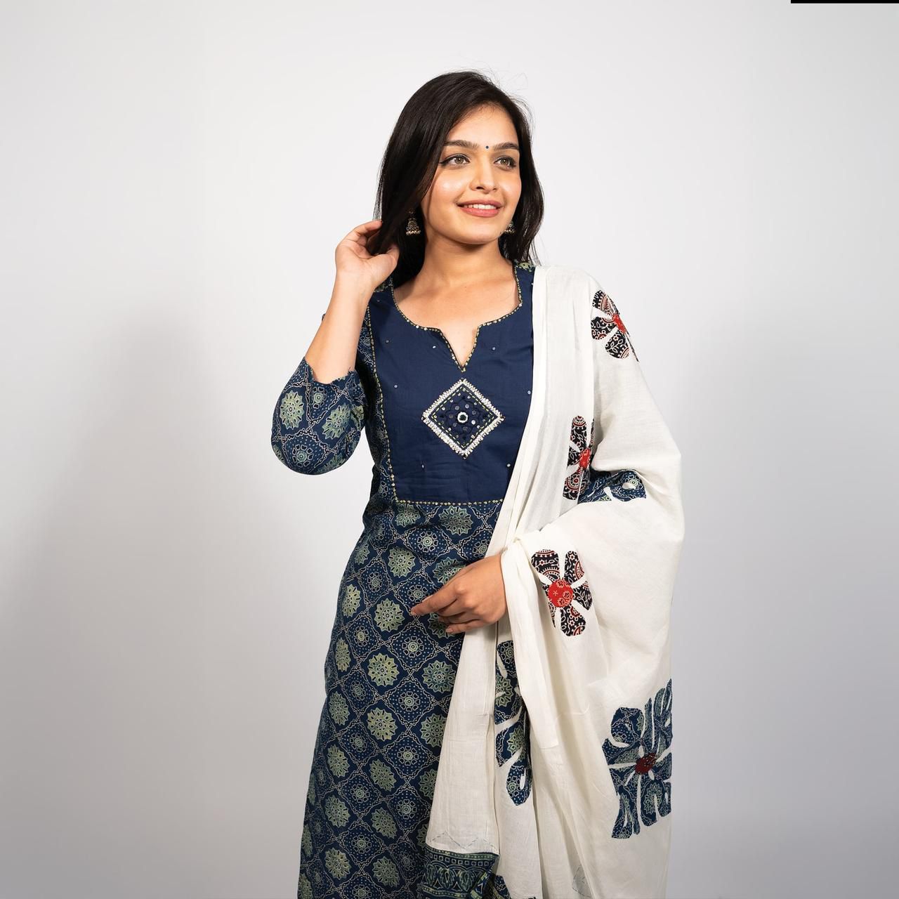 Ajrakh Print Cotton Straight Kurti Set with Dupatta.