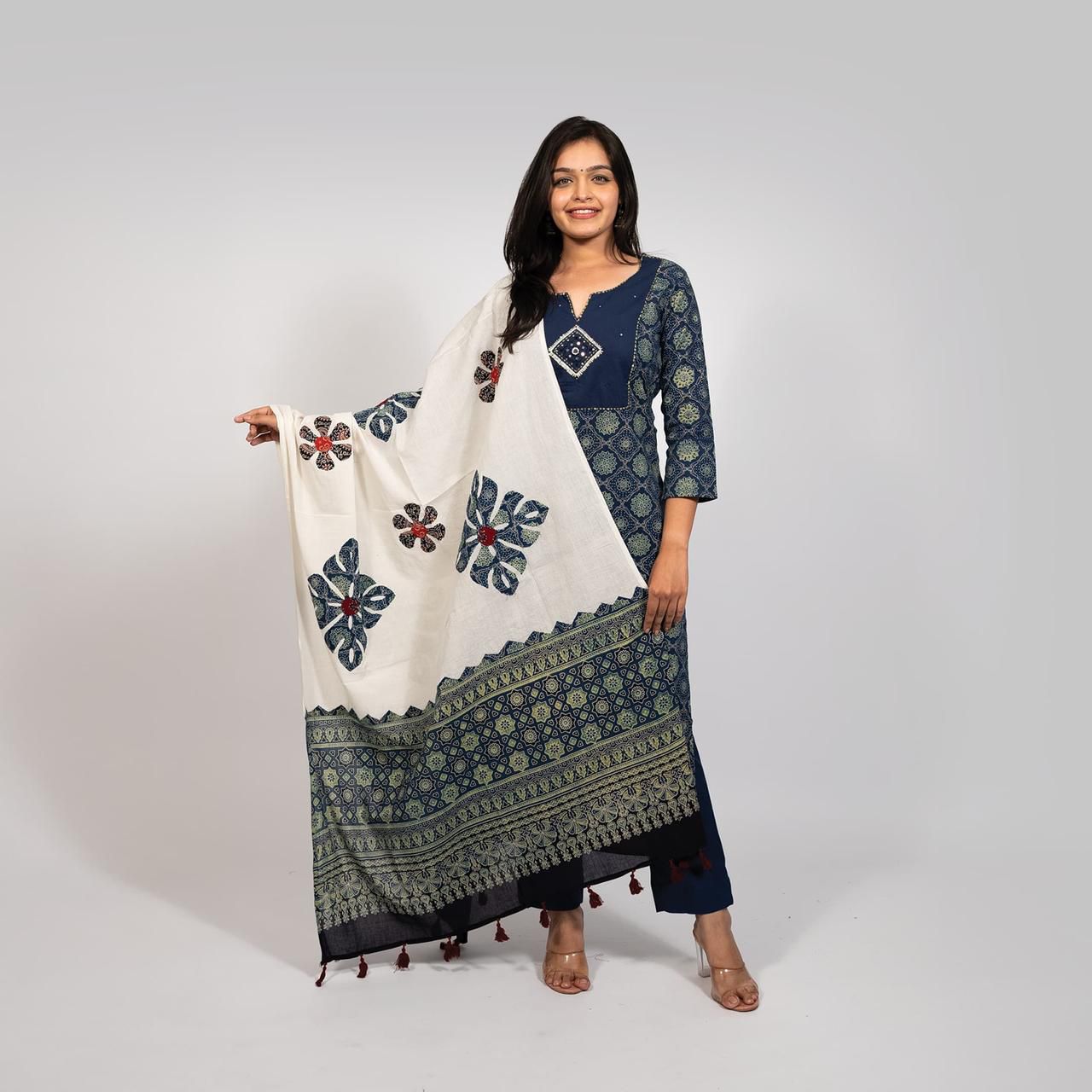 Ajrakh Print Cotton Straight Kurti Set with Dupatta.