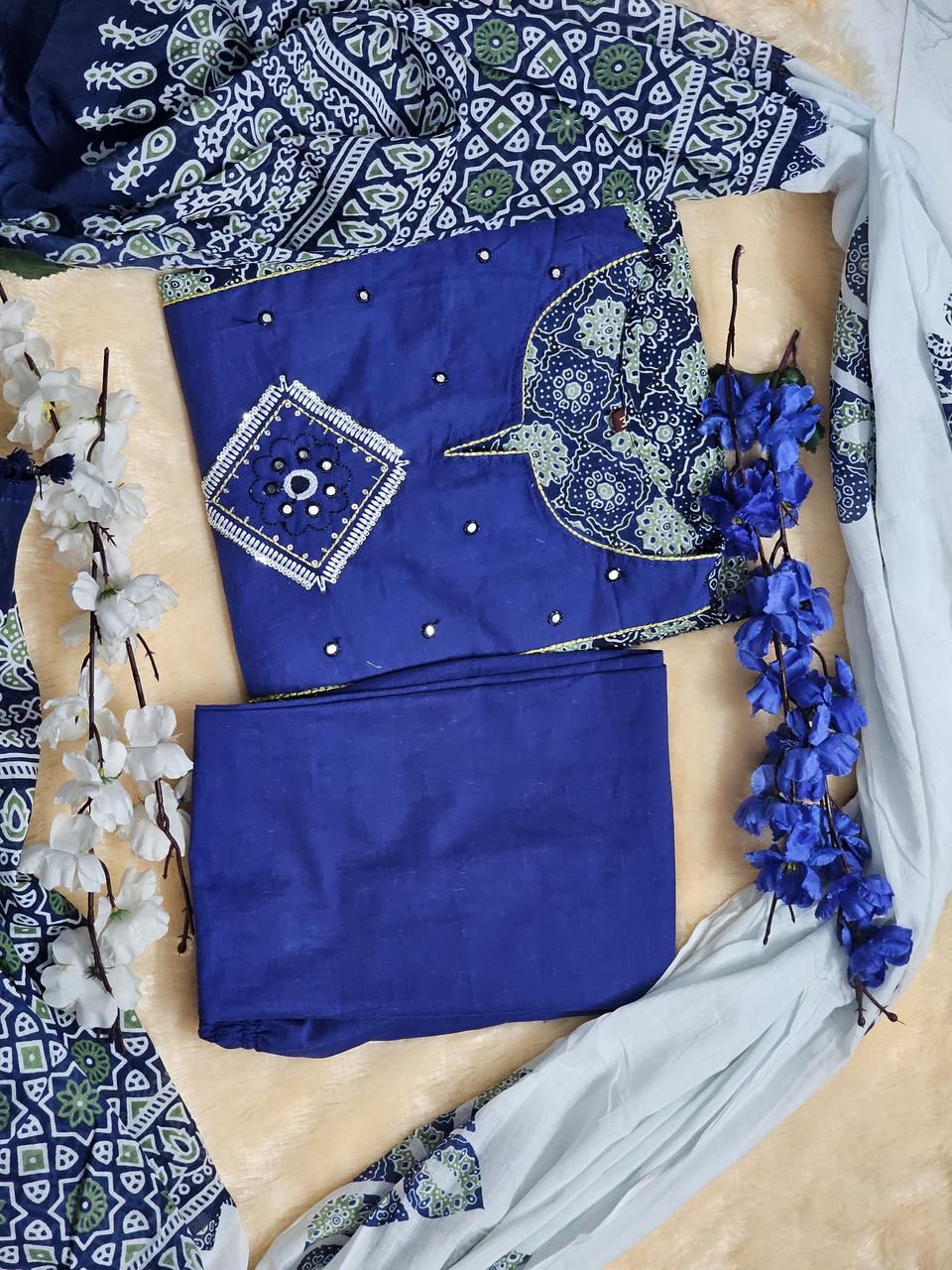 Ajrakh Print Cotton Straight Kurti Set with Dupatta.