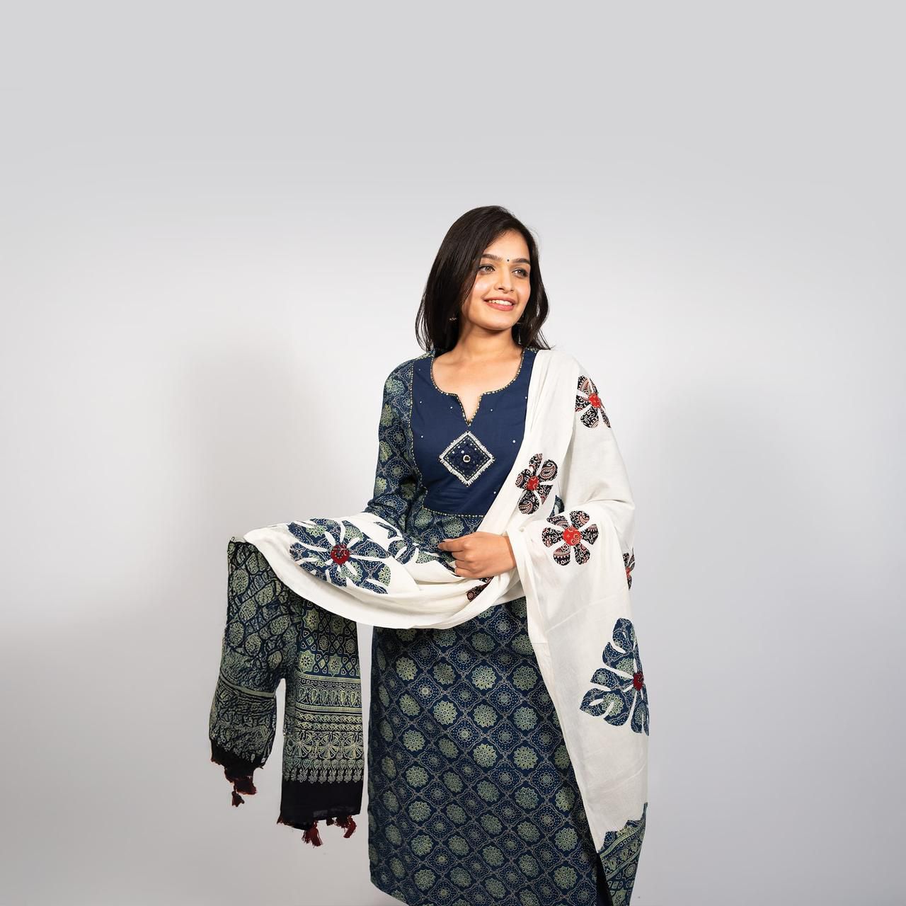 Ajrakh Print Cotton Straight Kurti Set with Dupatta.