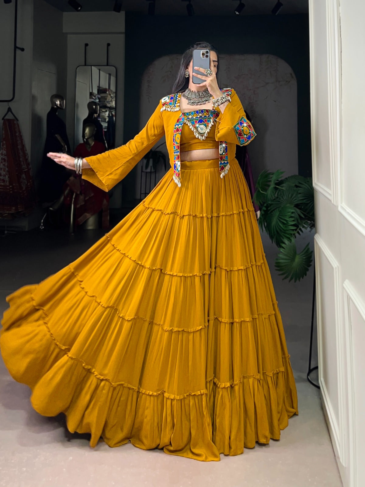 Navratri Special Pure Rayon Lehenga Choli Set with Mirror Gamathi & Cowrie Lace Work.