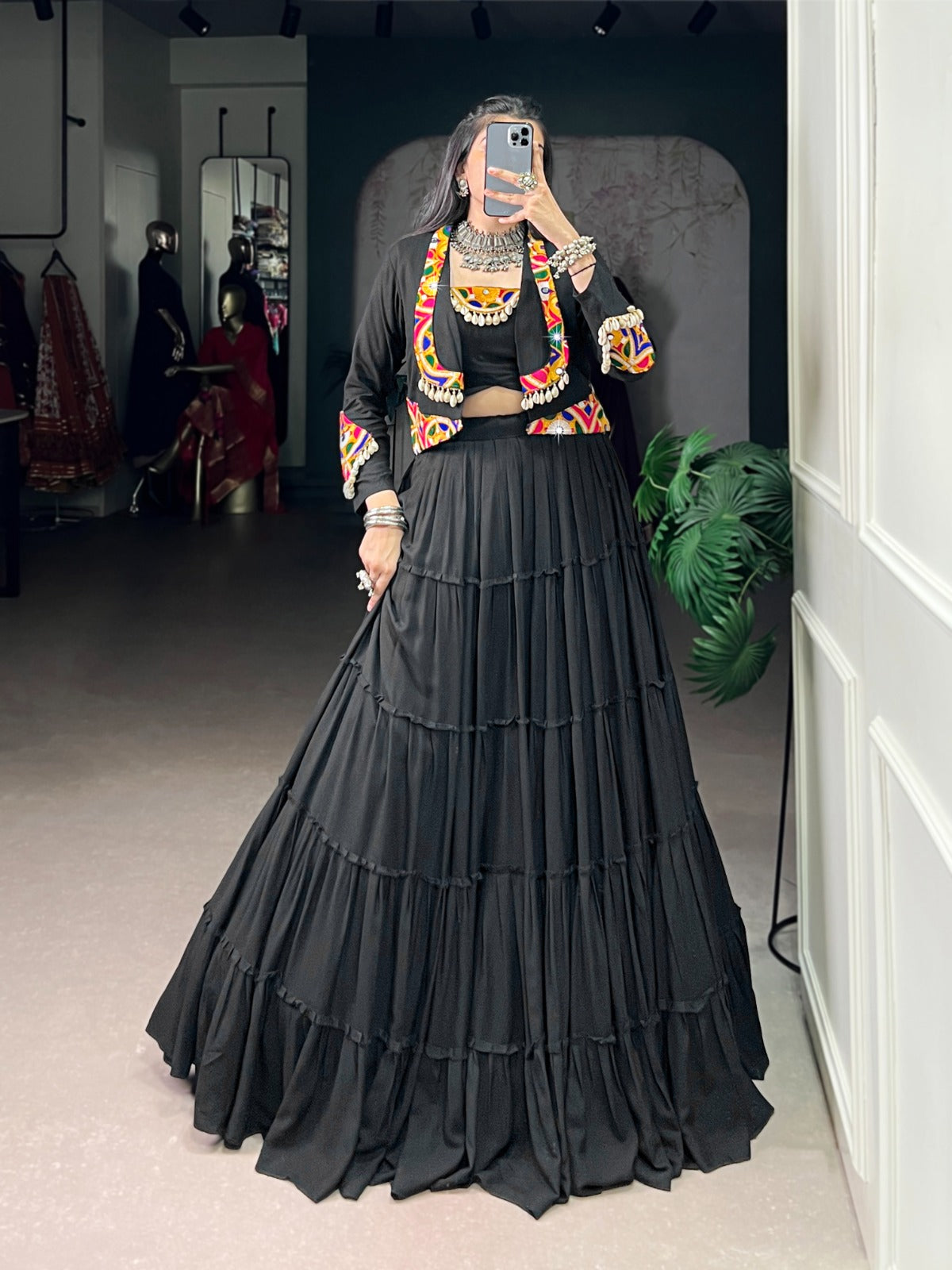 Navratri Special Pure Rayon Lehenga Choli Set with Mirror Gamathi & Cowrie Lace Work.