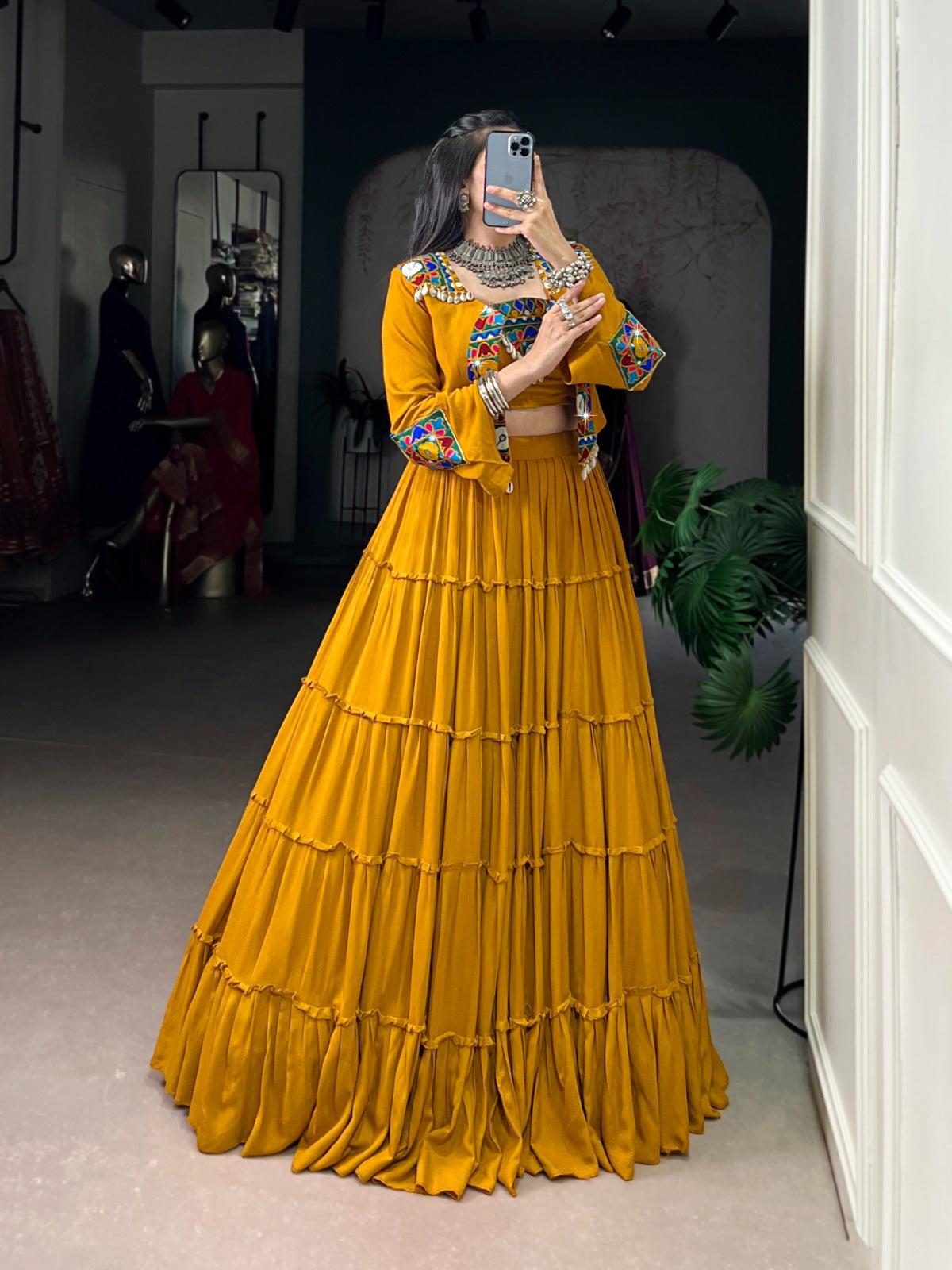 Navratri Special Pure Rayon Lehenga Choli Set with Mirror Gamathi & Cowrie Lace Work.