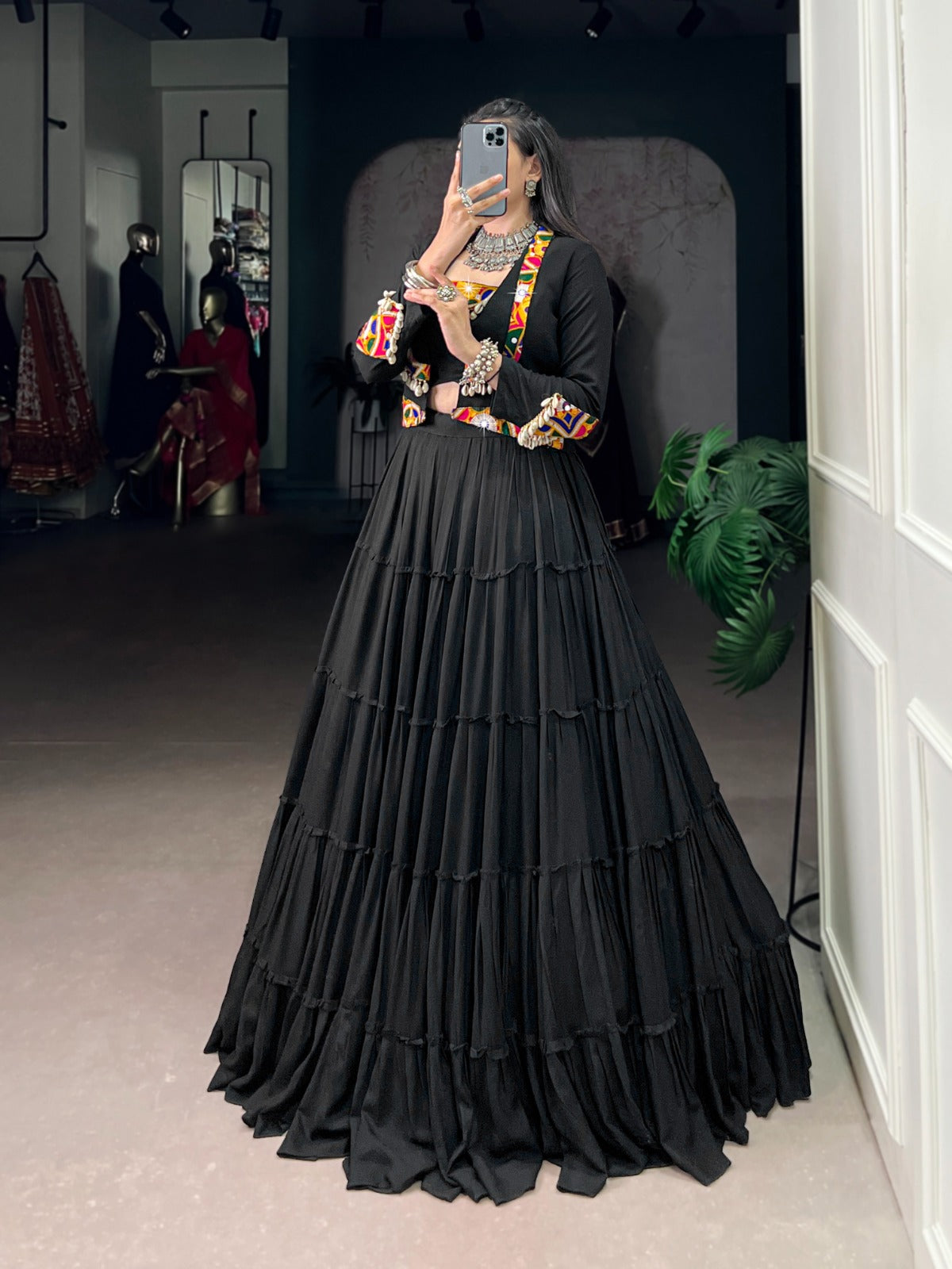 Navratri Special Pure Rayon Lehenga Choli Set with Mirror Gamathi & Cowrie Lace Work.