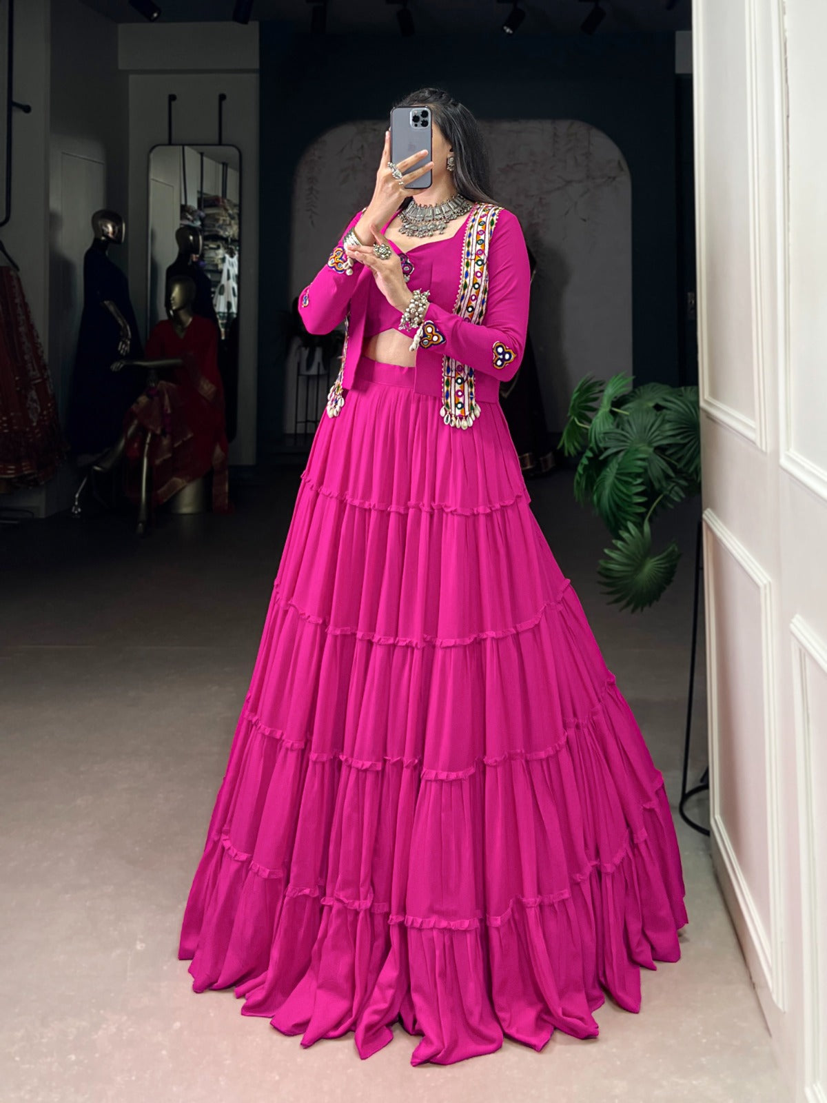 Navratri Special Pure Rayon Lehenga Choli Set with Mirror Gamathi & Cowrie Lace Work.