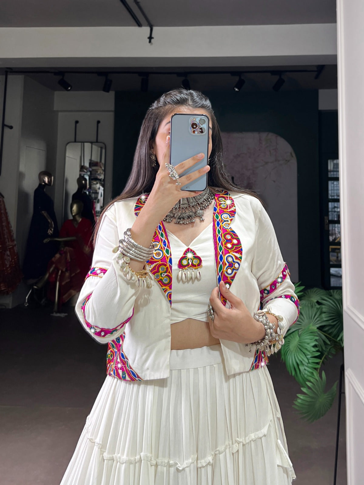 Navratri Special Pure Rayon Lehenga Choli Set with Mirror Gamathi & Cowrie Lace Work.