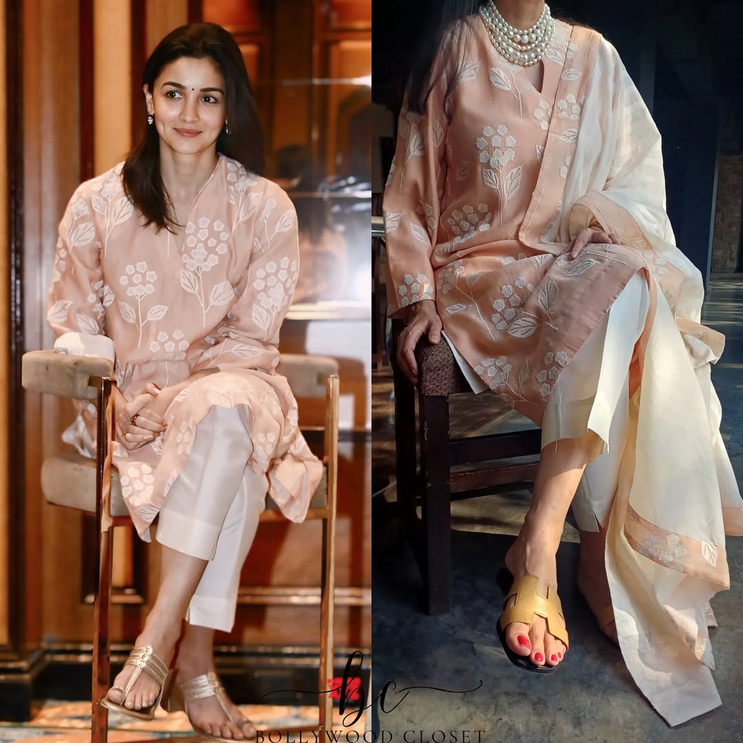 Celebrity-Inspired Peach Mul Chanderi Kurta Set