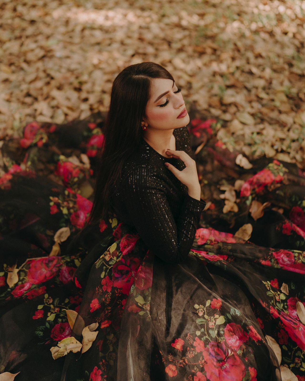 Exclusive Black Sequin Blouse with Organza Floral Lehenga Set.
