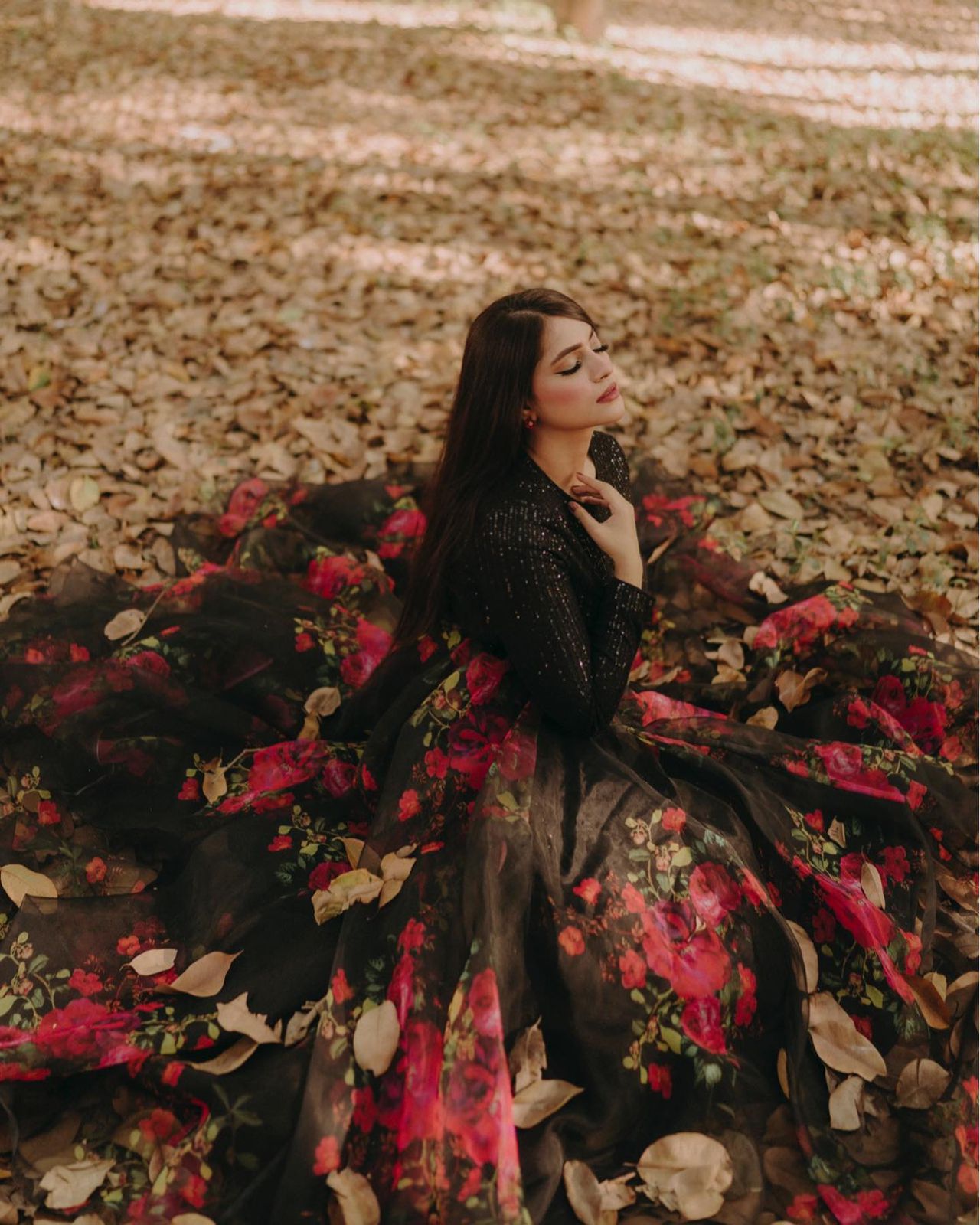Exclusive Black Sequin Blouse with Organza Floral Lehenga Set.