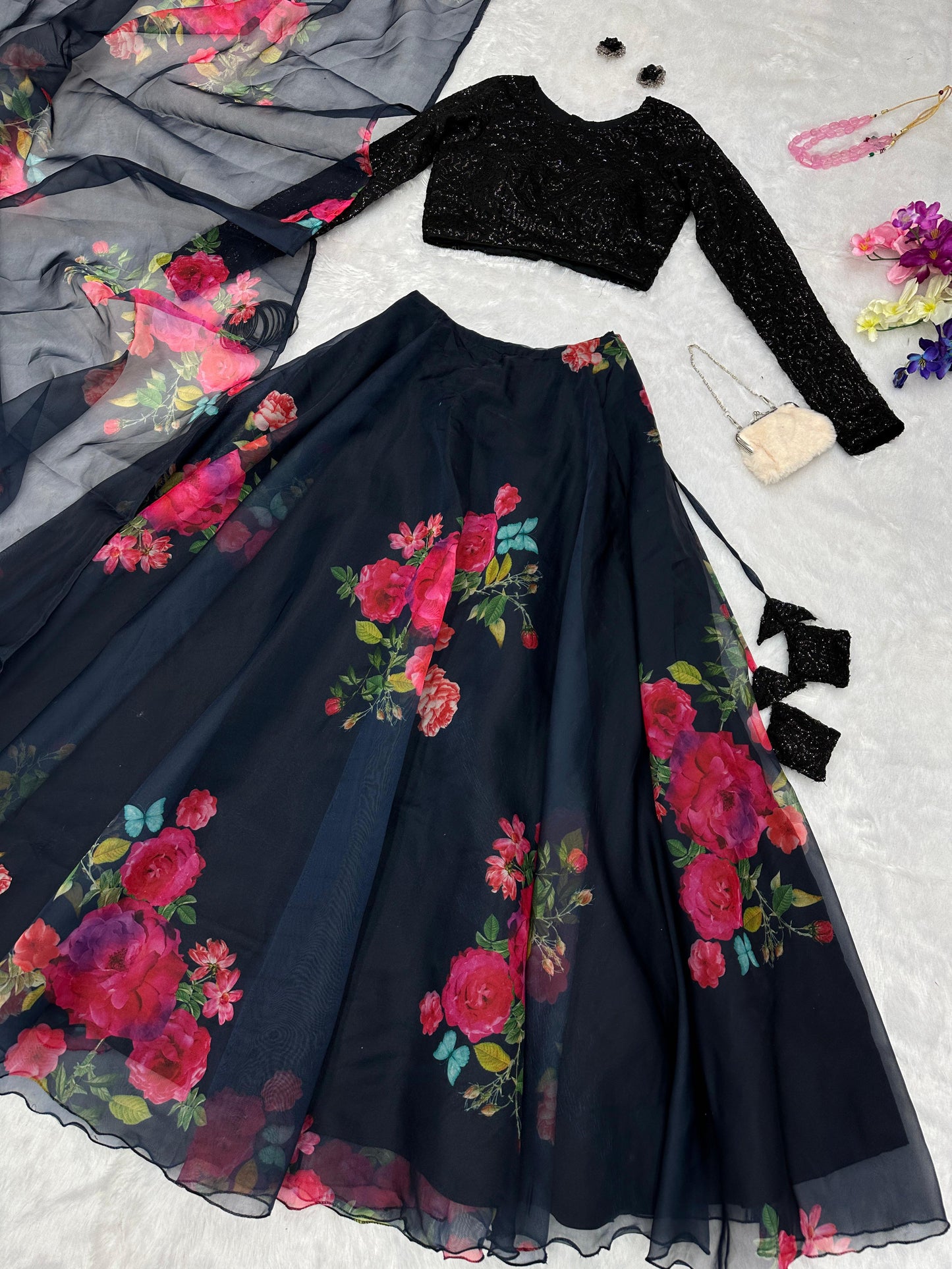 Exclusive Black Sequin Blouse with Organza Floral Lehenga Set.