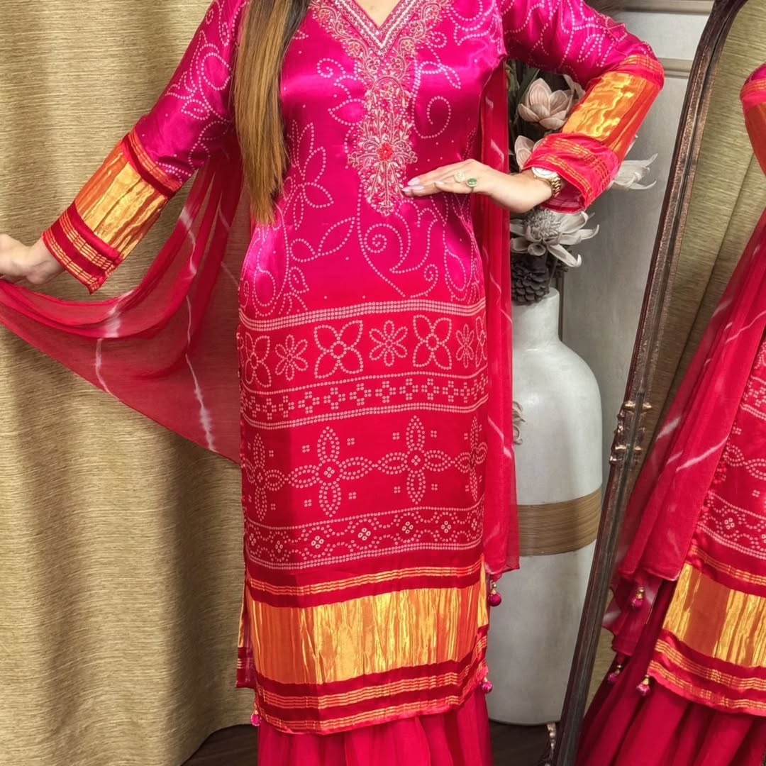 Exclusive Gradient Bandhani Print Cotton Suit Set.
