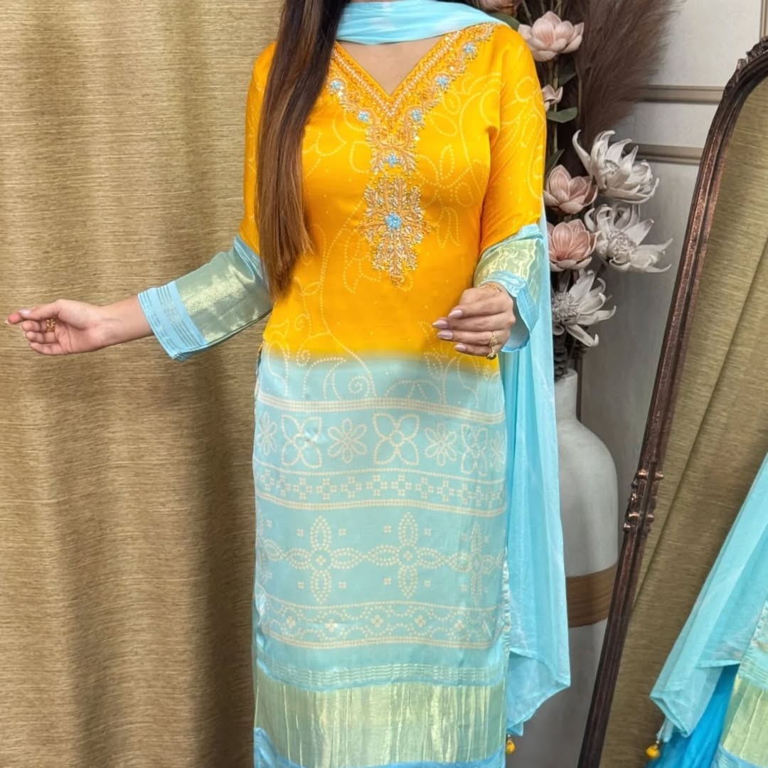Exclusive Gradient Bandhani Print Cotton Suit Set.