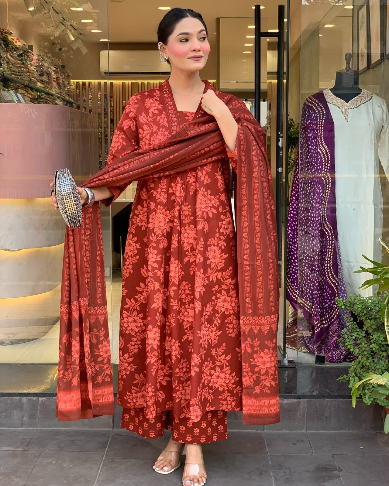 Deep Rust Red Printed Kurti Set.