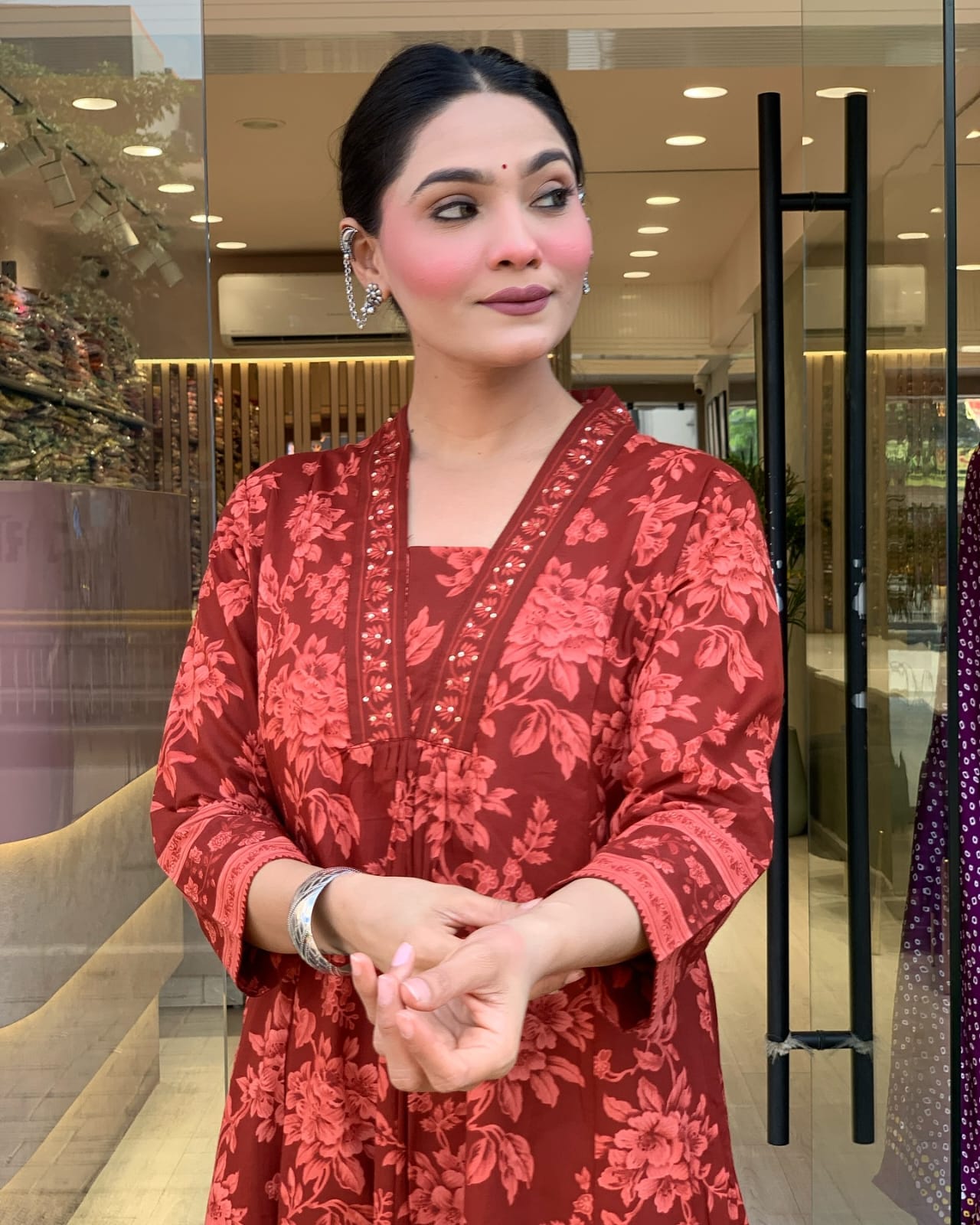 Deep Rust Red Printed Kurti Set.