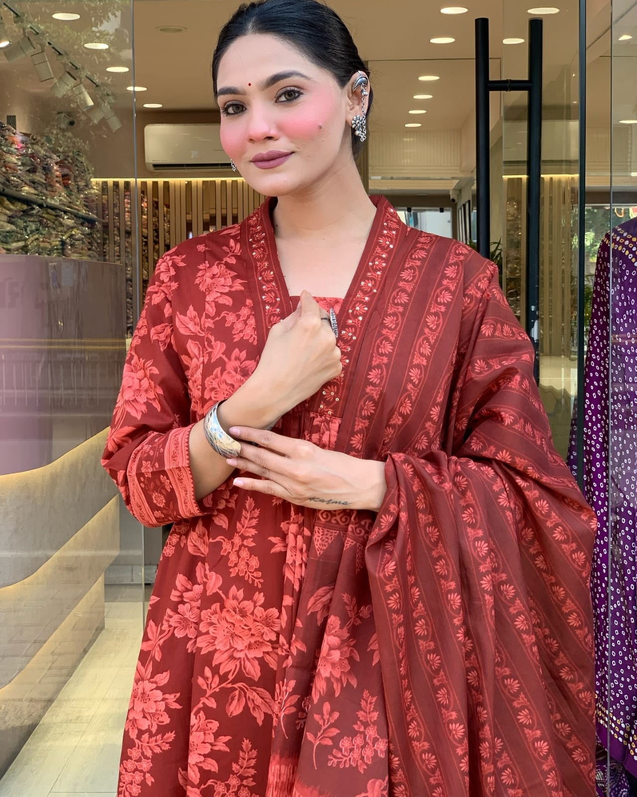 Deep Rust Red Printed Kurti Set.