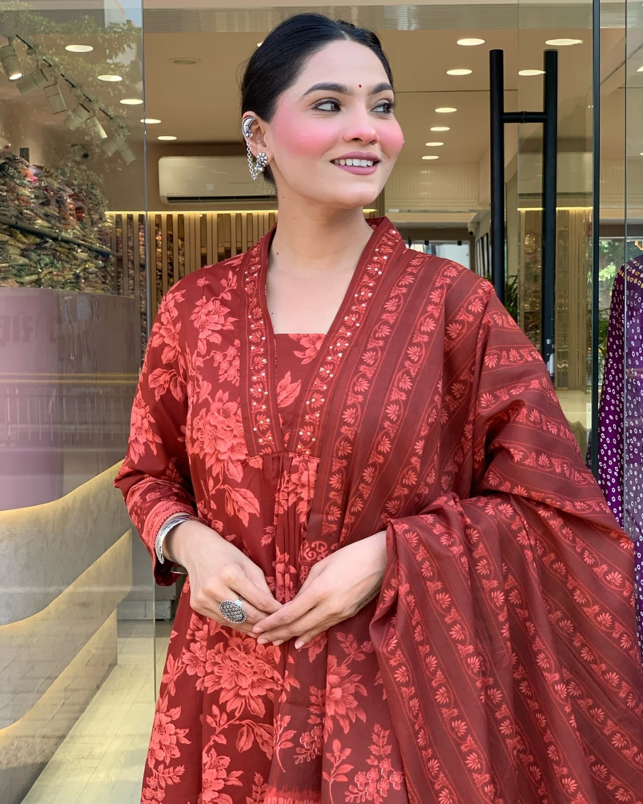 Deep Rust Red Printed Kurti Set.