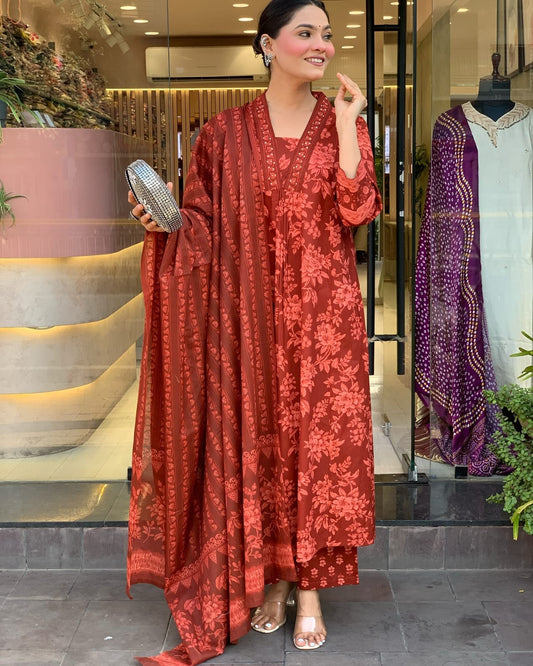 Deep Rust Red Printed Kurti Set.