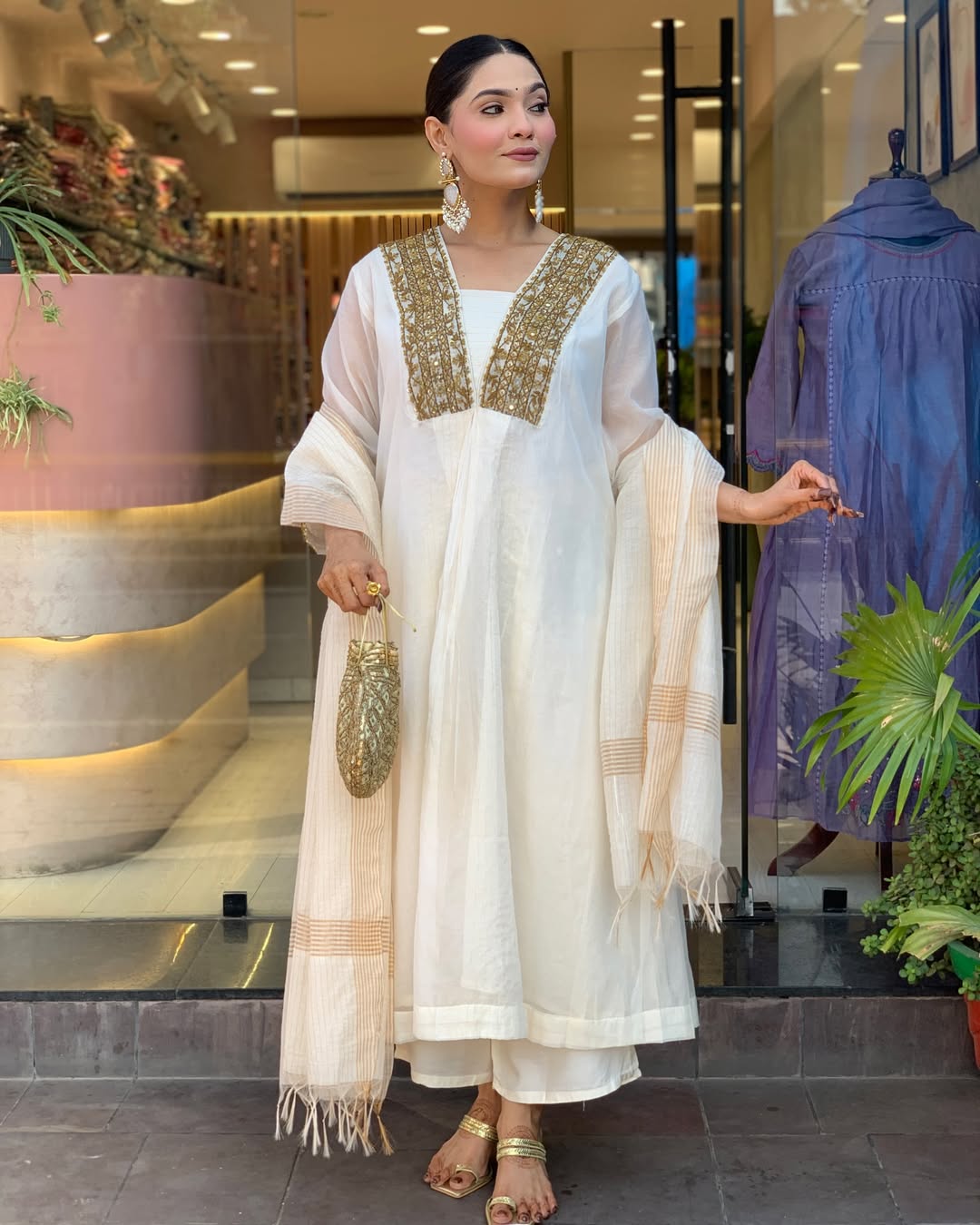 Classic White Chanderi Suit Set with Cotton Pant & Dupatta.