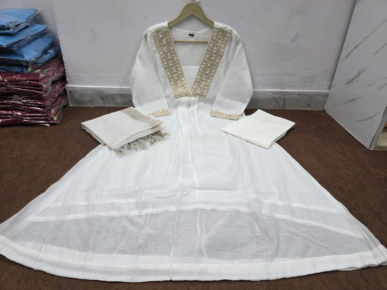Classic White Chanderi Suit Set with Cotton Pant & Dupatta.