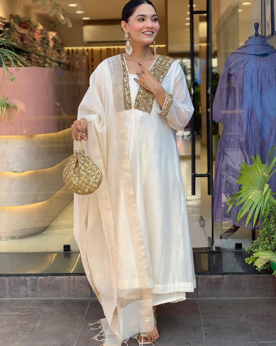 Classic White Chanderi Suit Set with Cotton Pant & Dupatta.