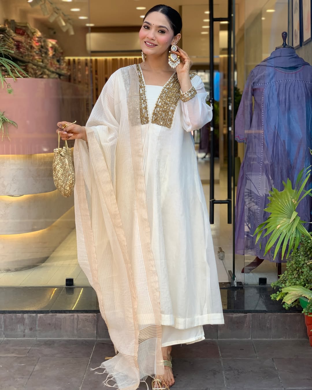 Classic White Chanderi Suit Set with Cotton Pant & Dupatta.