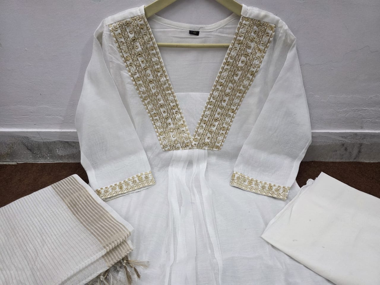 Classic White Chanderi Suit Set with Cotton Pant & Dupatta.