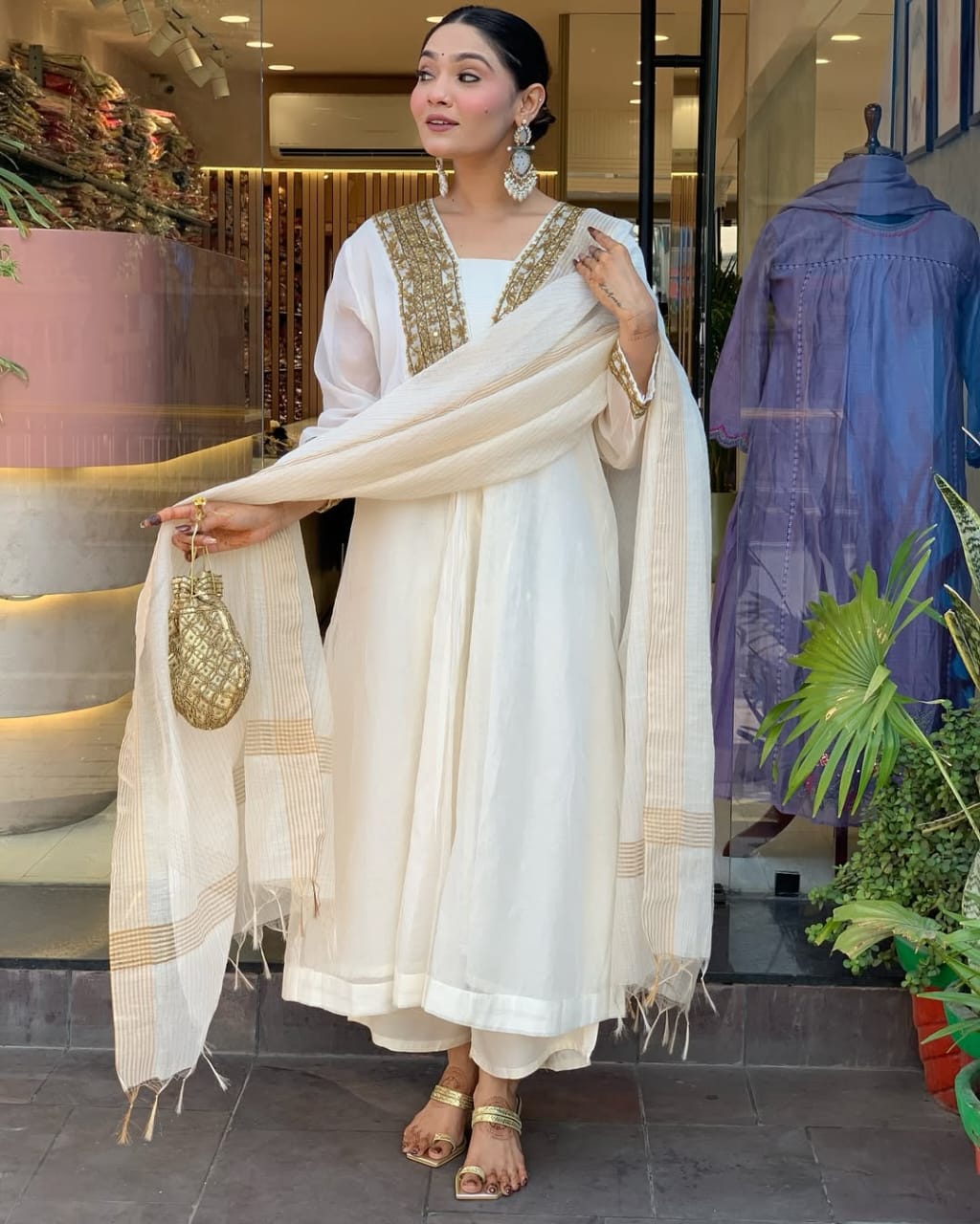 Classic White Chanderi Suit Set with Cotton Pant & Dupatta.