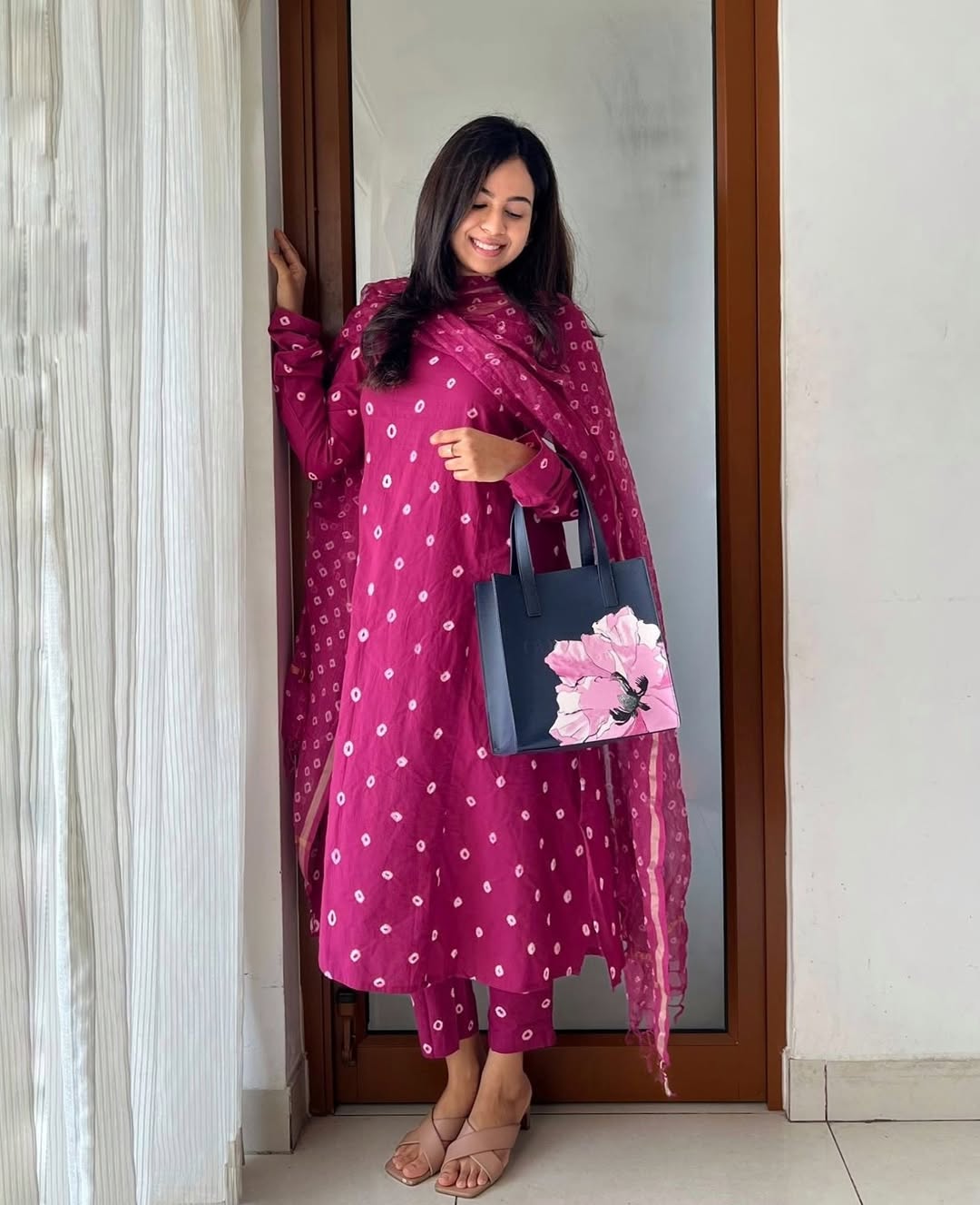 Magenta Anarkali Gown Set with Cotton Pant & Chanderi Dupatta.