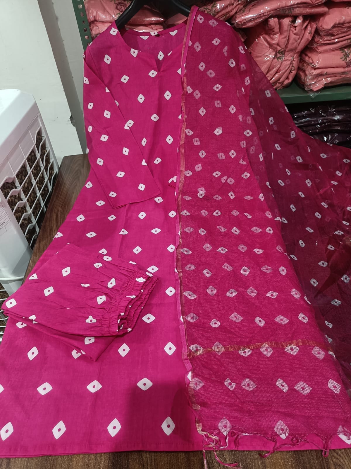 Magenta Anarkali Gown Set with Cotton Pant & Chanderi Dupatta.