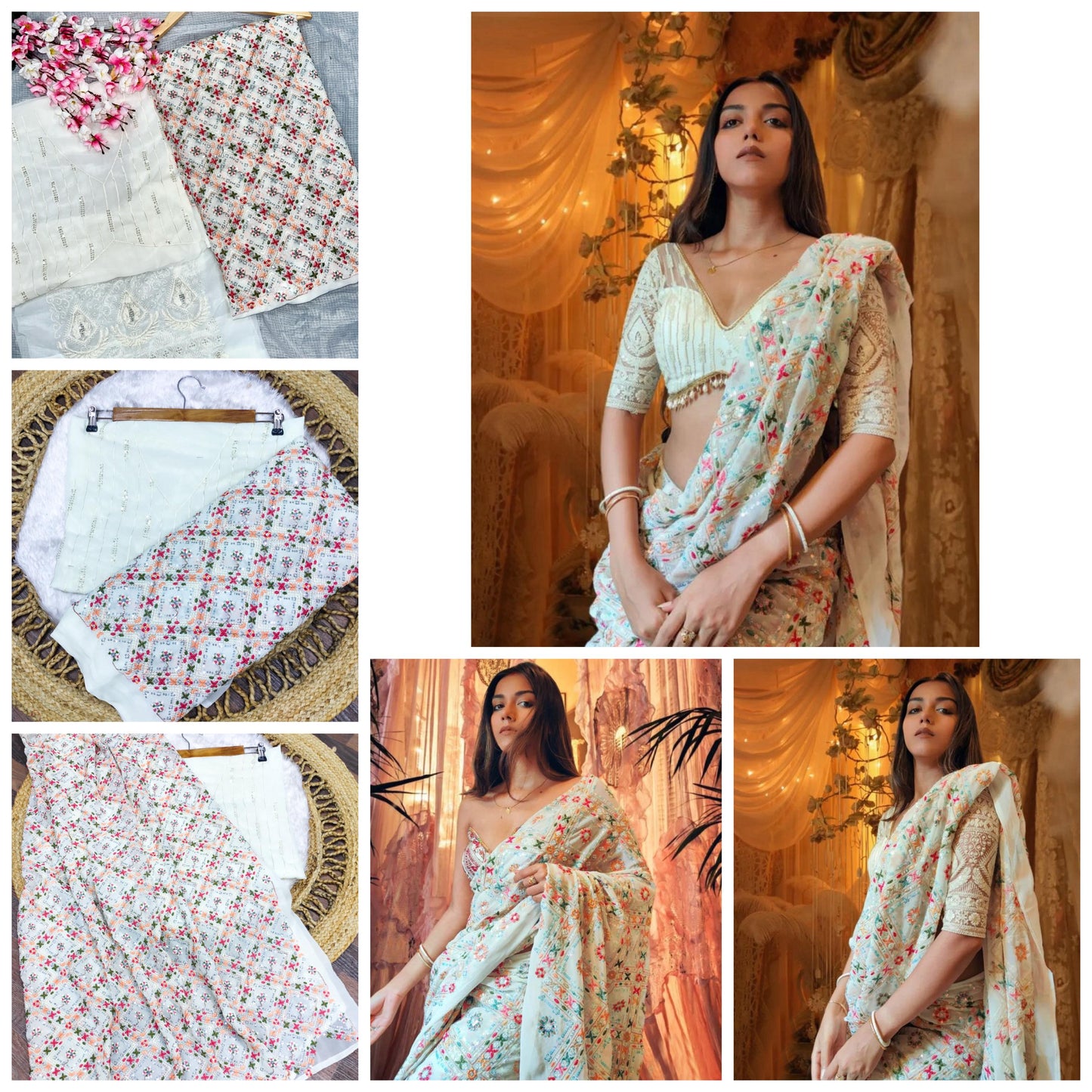 Elegant White Partywear Saree – Multi-Colour Embroidery & Sequin Work