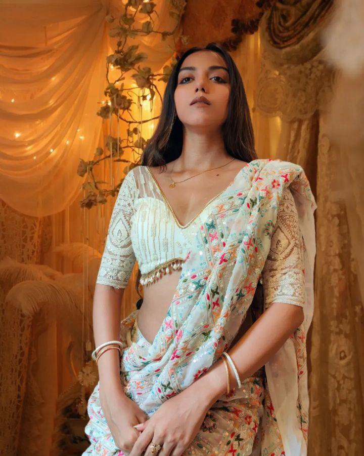 Elegant White Partywear Saree – Multi-Colour Embroidery & Sequin Work