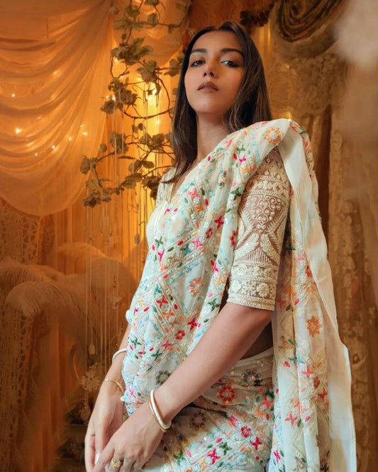 Elegant White Partywear Saree – Multi-Colour Embroidery & Sequin Work